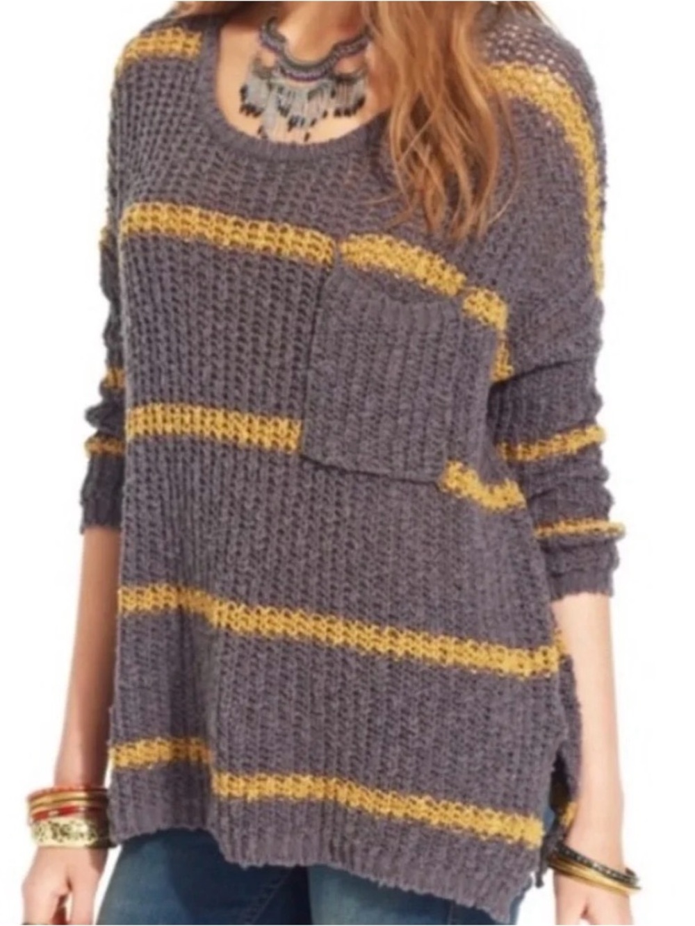 FREE PEOPLE M  Greenwich Village  Knit Slouchy Sweater in gray/yellow stripes